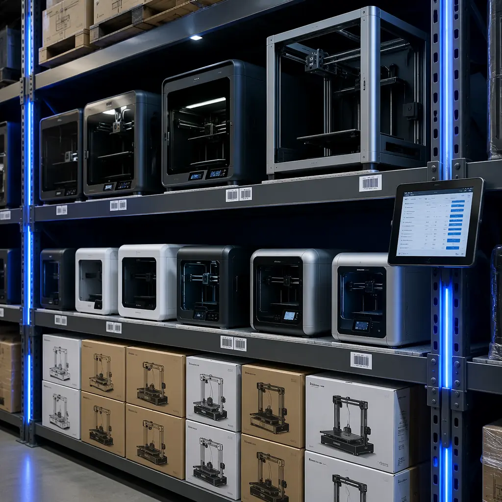 Distributor warehouse shelf with diverse 3D printer inventory: open-source bedslingers, enclosed proprietary printers, and industrial-grade machines all organized by category, barcode labels and inventory management tablet visible