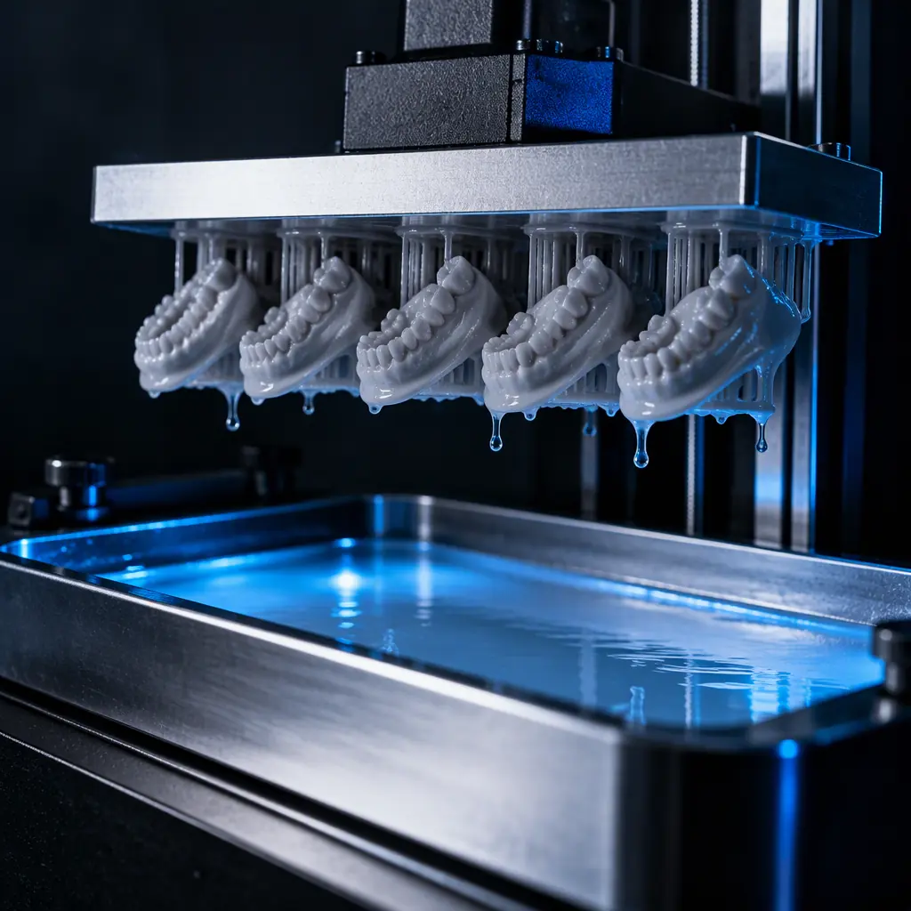 A row of dental models in grey resin on a printed build plate inside a resin 3D printer, the platform being lifted out of the vat under blue accent light