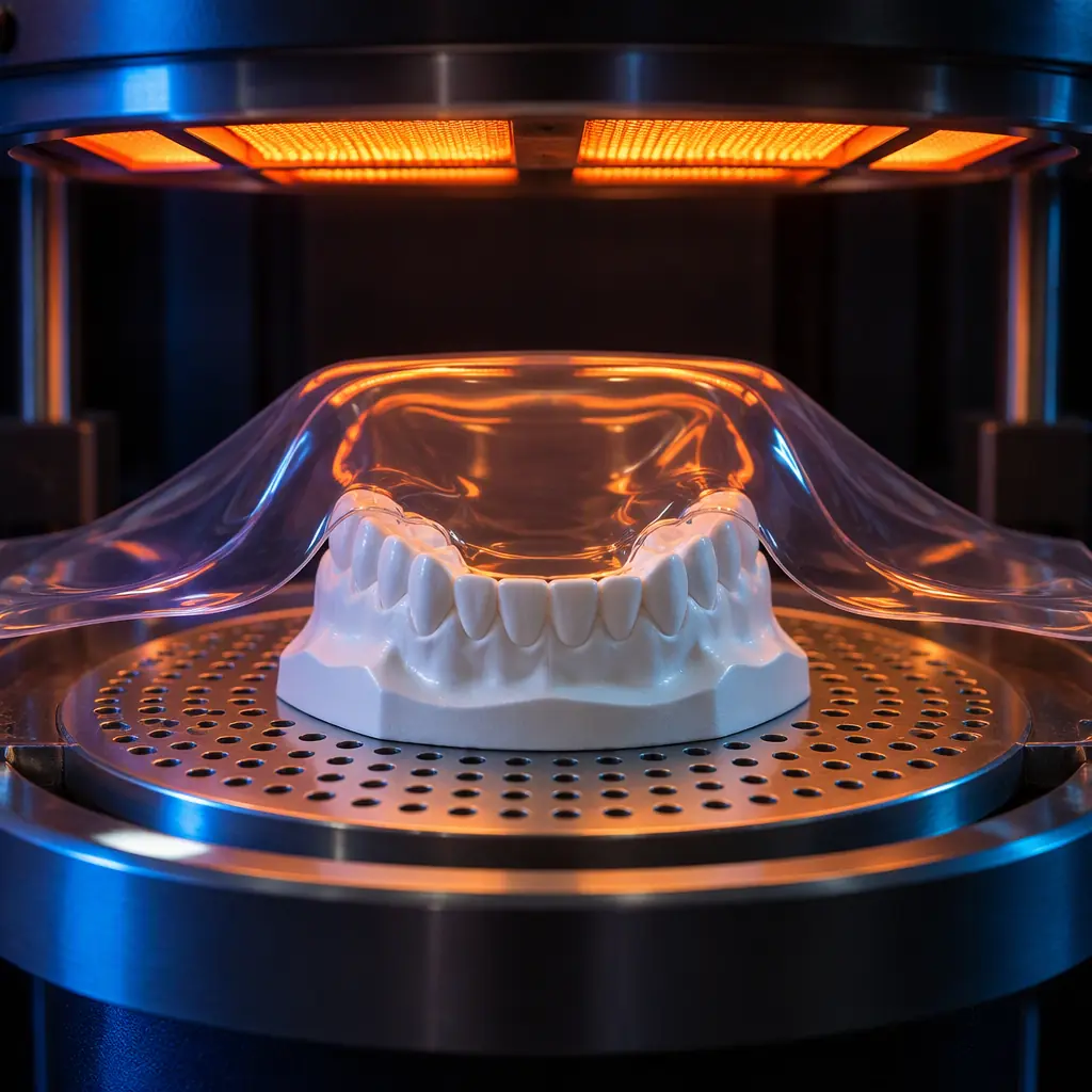 A clear polymer aligner sheet being heated over a printed dental model on a thermoforming machine, the sheet glowing slightly under infrared heating elements