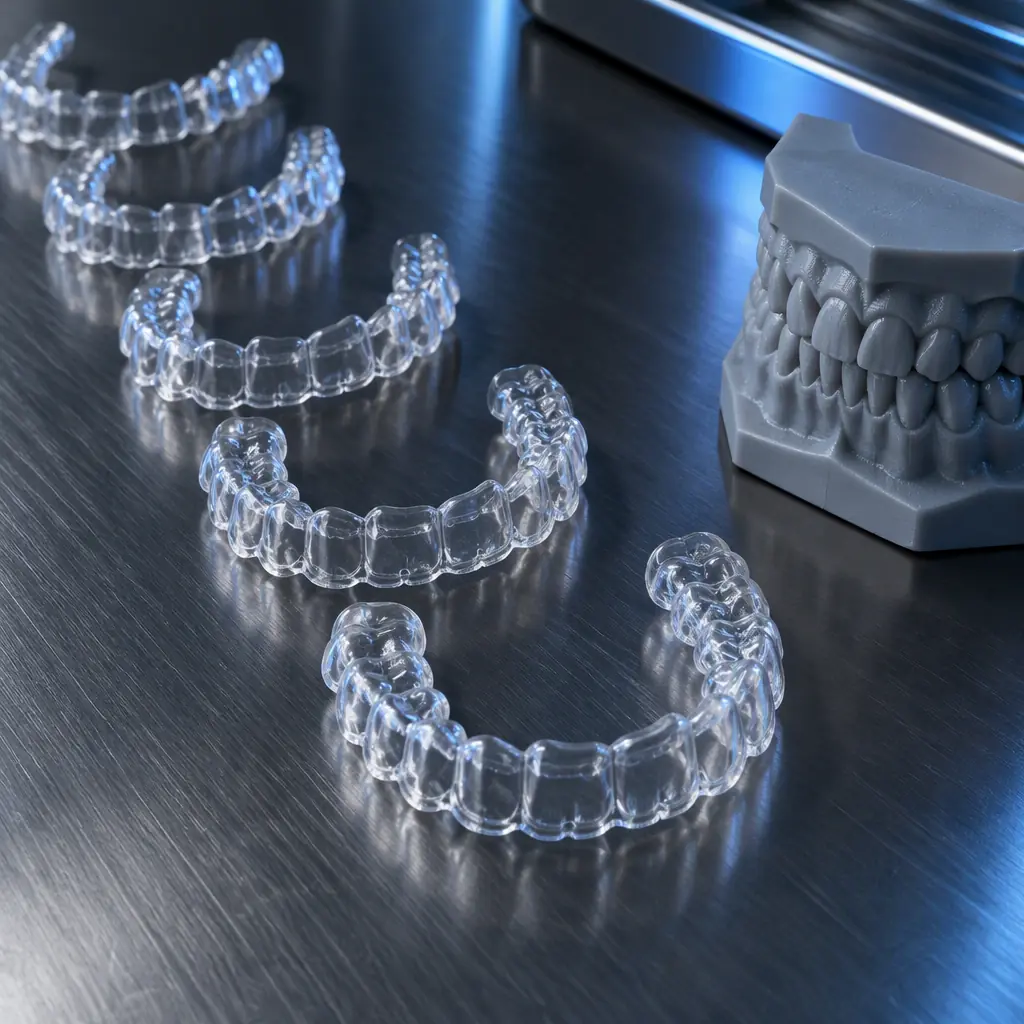 A row of trimmed clear aligners arranged in sequence on a dark bench next to a printed dental model, blue accent lighting reflecting from the polished surfaces