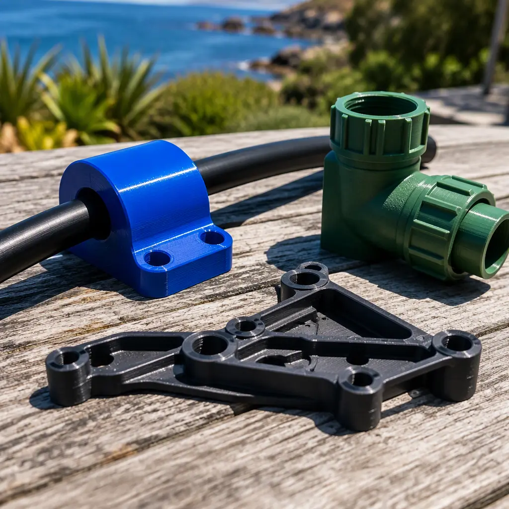 Assortment of 3D printed outdoor parts on weathered wooden surface — ASA marine fitting, PETG irrigation adapter, PA12 drone bracket — exposed to natural sunlight, visible texture and UV-stable color, outdoor setting with vegetation