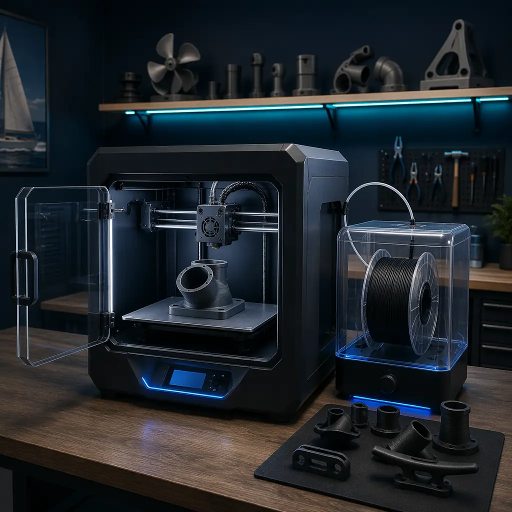 Enclosed 3D printer with ASA filament printing marine fitting part, LED-lit print chamber visible through transparent door, spool feeding from sealed dry box, workshop setting with other outdoor printed parts on display shelf
