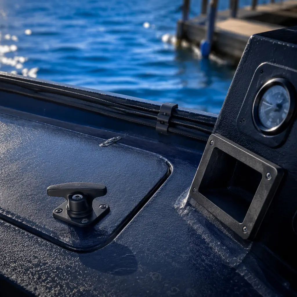 3D printed ASA parts mounted on boat deck — hatch latch replacement, cable clamp, instrument bezel — marine environment with ocean background, salt-spray weathered aesthetic, visible durability of printed parts