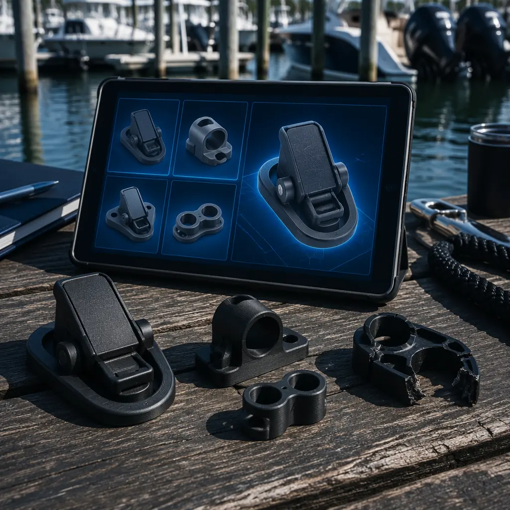 Distributor sales representative showing 3D printed ASA replacement parts to marina manager, boat dock setting, OEM cracked part visible for comparison, catalog of available replacement parts on tablet