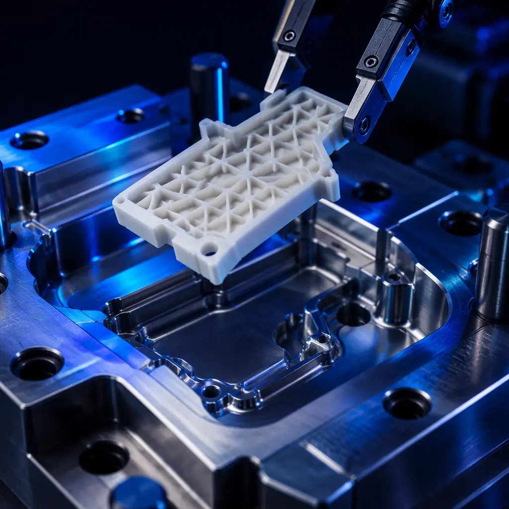 Close-up of a printed rigid core insert being placed into a polished metal injection mould cavity before overmolding, hybrid manufacturing theme