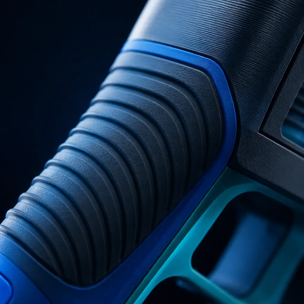 Macro close-up of the ribbed soft-touch grip texture on an overmolded printed part, rubber and plastic transition line visible