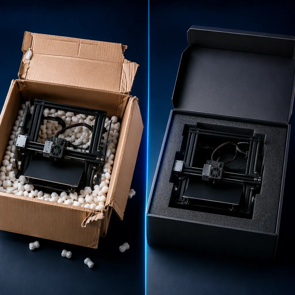 Side-by-side comparison: damaged brown cardboard box with loose foam peanuts and misaligned printer on left vs premium branded box with custom-fit foam insert and perfectly positioned printer on right, studio photography on dark gradient surface, dramatic lighting emphasizing contrast