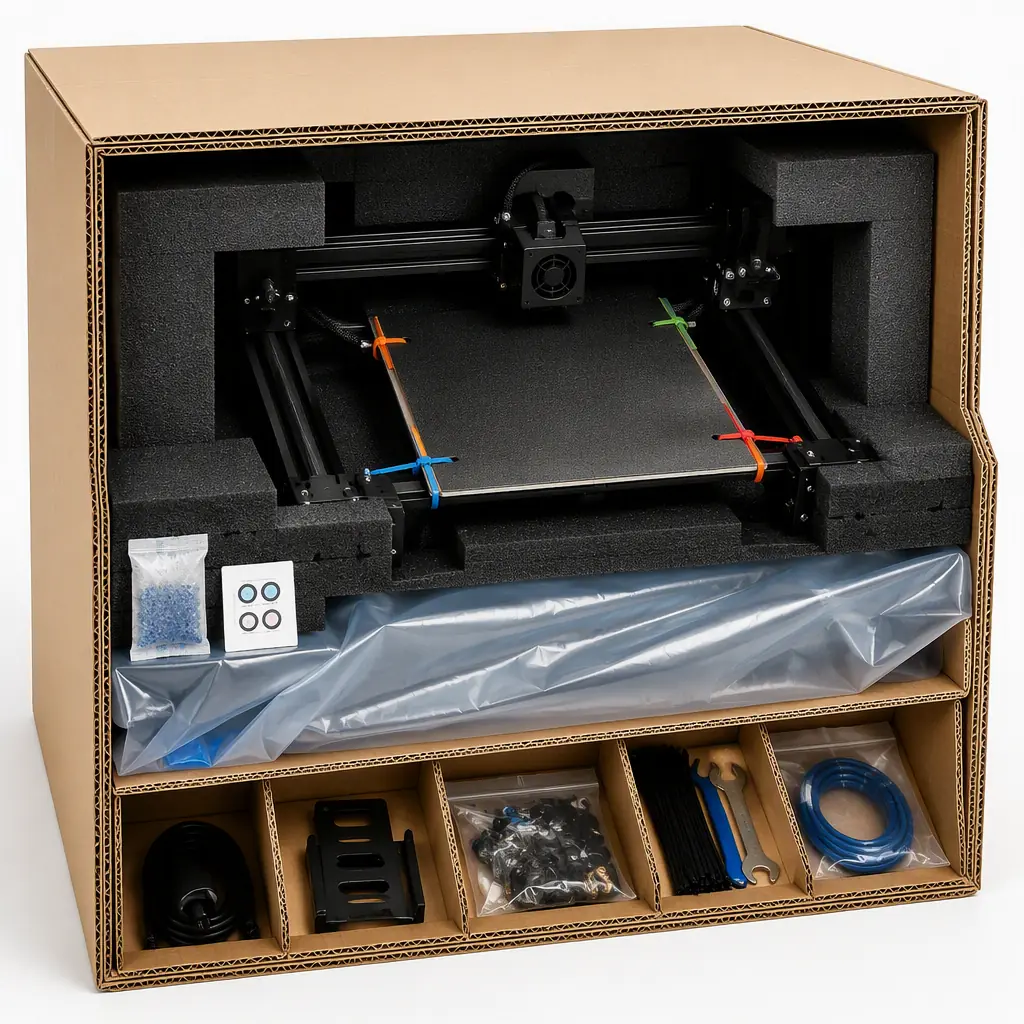 Cross-section view of 3D printer packaging: double-wall corrugated outer carton, custom HDPE foam insert cradling printer frame corners, bright-colored zip ties securing bed, silica gel pack and humidity indicator card visible, polyethylene bag partially opened, organized accessory compartments, studio lighting on clean white surface