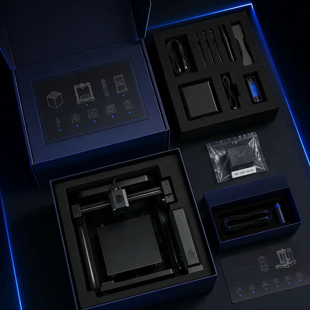 Overhead flat lay of 3D printer unboxing sequence: opened branded box with visual index card on top, tiered foam insert with printer in bottom layer and labeled accessory compartments above, calibration cube in sealed bag with serial number, color-coordinated accessories and quick-start card, dark surface with accent blue edge lighting, premium product photography style
