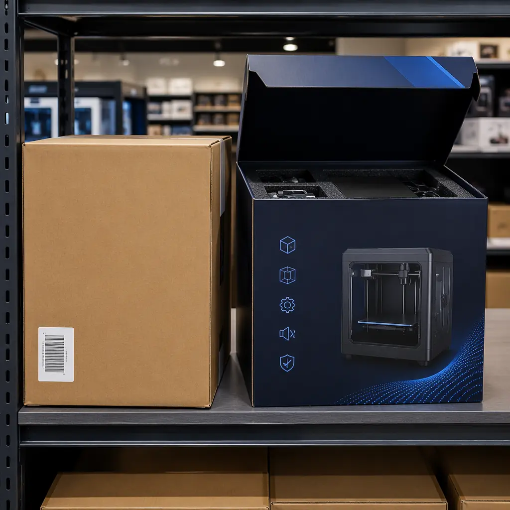 Two 3D printer boxes placed side by side — left: plain brown corrugated box with shipping label, right: custom-printed retail box with brand colors (deep navy #0B1120 with electric blue #2563EB accents), product photography on box face, feature icons, organized unboxing interior visible through partially opened flap, retail shelf lighting