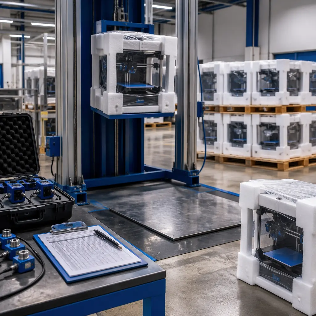 3D printer packaging quality control station — technician performing ISTA drop test, printer in foam insert being dropped from calibrated height onto concrete floor, data sheet on clipboard recording impact data, multiple packaged units on pallet in background, factory QC lighting