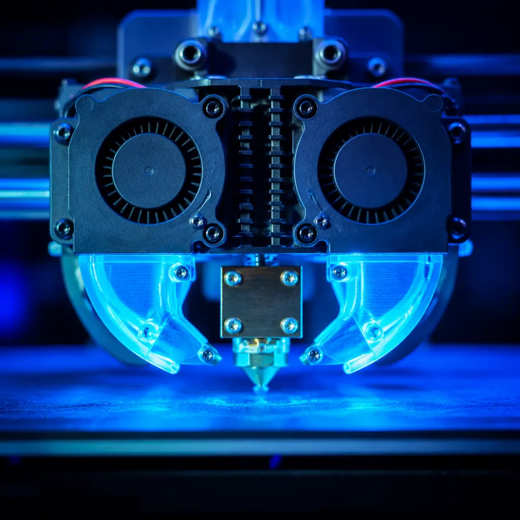 Close-up macro of dual 5015 blower fans mounted on a 3D printer toolhead, blue LED chamber illumination, directed airflow ducts visible on both sides of the nozzle