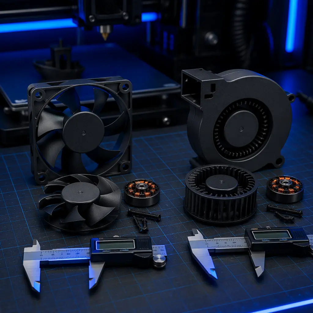 Side-by-side comparison on dark workbench: 4010 axial fan and 5015 blower fan disassembled, impeller and blade structures visible, airflow direction arrows marked with blue smoke effect