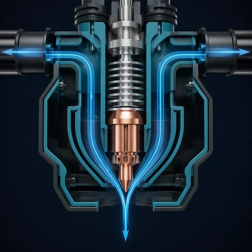 3D render cross-section of symmetrical dual-outlet part cooling duct around a 3D printer hotend, blue airflow paths showing convergence at nozzle tip, internal channel geometry visible