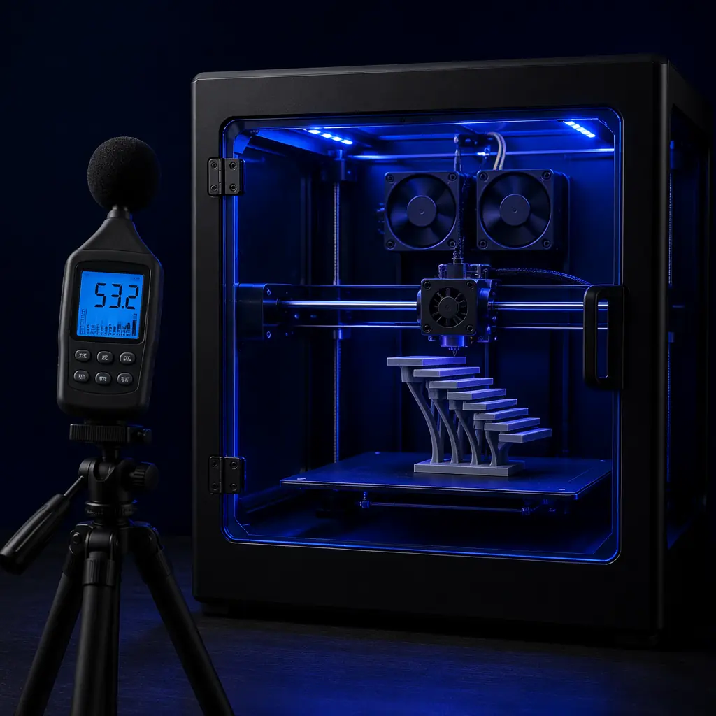 Sound level meter beside operating 3D printer with dual 5015 fans, decibel reading display visible, printer printing an overhang test model in dark studio lighting