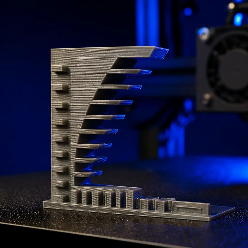 Overhang test print on 3D printer build plate with macro lens showing clean 70° overhang versus sagging 50° overhang on different test sections, dramatic side lighting revealing surface quality