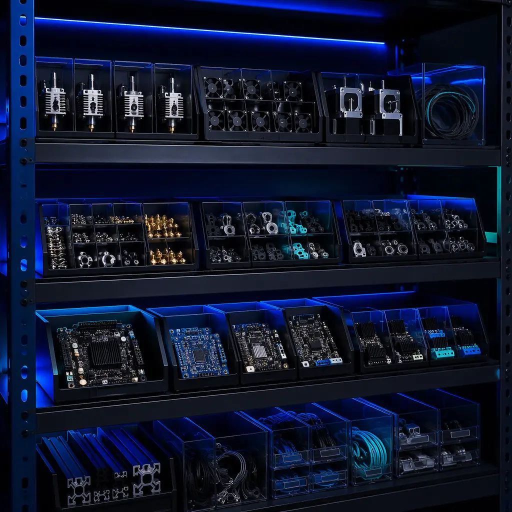 Organized parts bins of 3D printer spare components on a warehouse rack