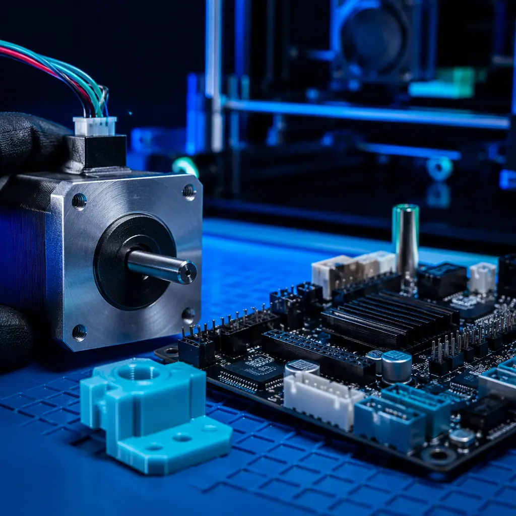 Macro close-up of a stepper motor and motherboard on an anti-static mat beside a 3D printed part