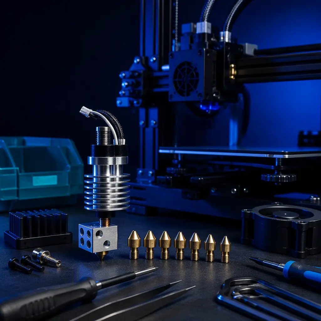A replacement hotend and nozzle array on a workbench beside an open 3D printer