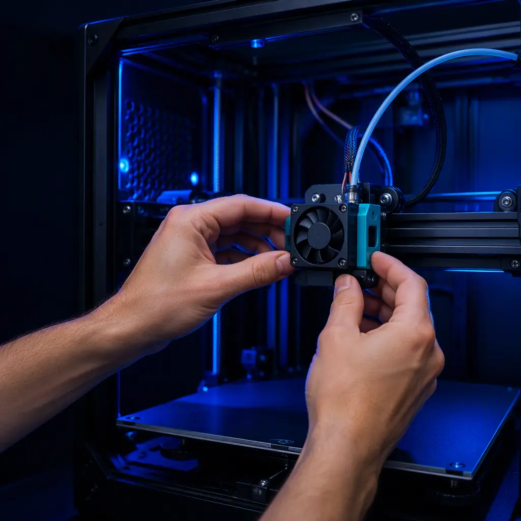 A service technician's hands installing a replacement part into an open 3D printer