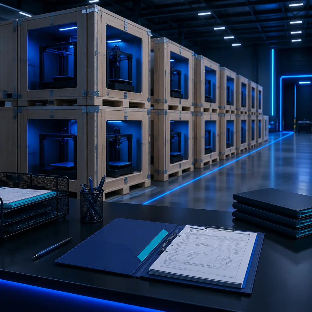 Rows of shipping crates in a clean export warehouse with customs documentation folders on a desk in front