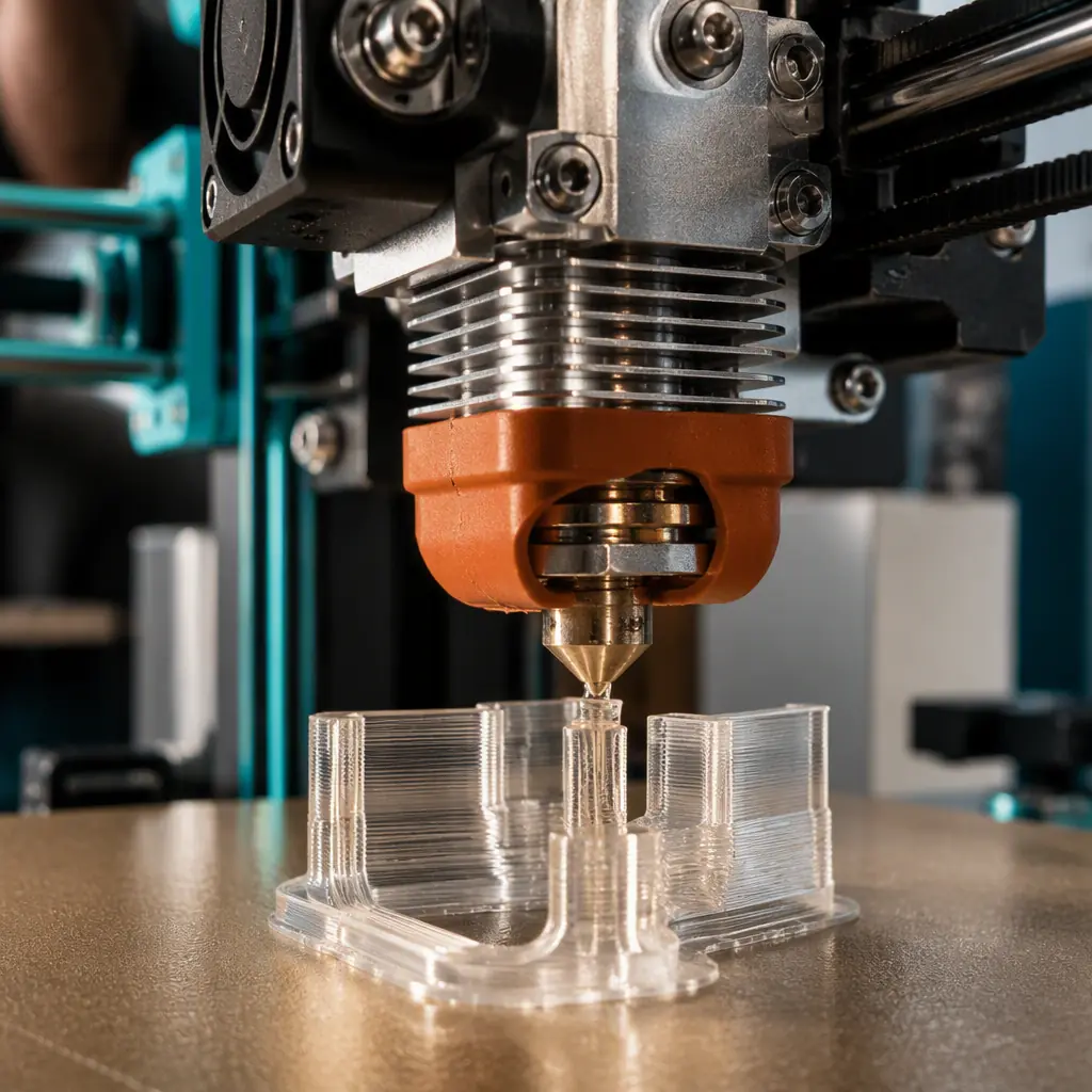 Close-up macro of transparent polycarbonate filament spool on 3D printer, filament entering all-metal hotend, amber-tinted PC visible, workshop lighting