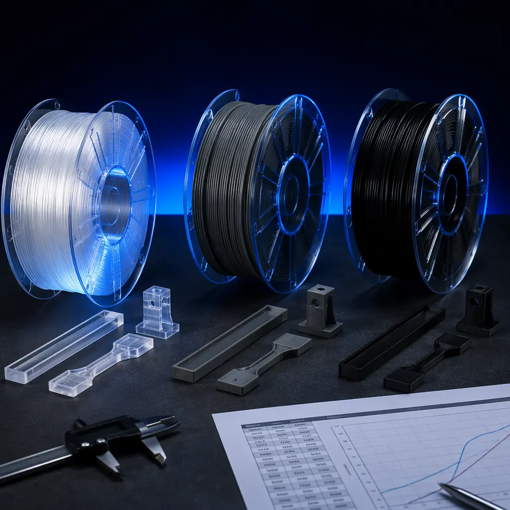Three spools of different polycarbonate filaments side by side on dark surface — transparent pure PC, dark gray PC-ABS, and black PC-PBT — with printed test parts next to each, studio macro lighting