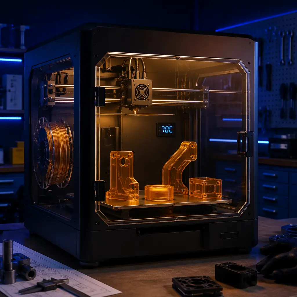 Enclosed 3D printer with heated chamber printing polycarbonate, amber filament visible through transparent enclosure panel, chamber thermometer reading 75°C, engineering workshop setting