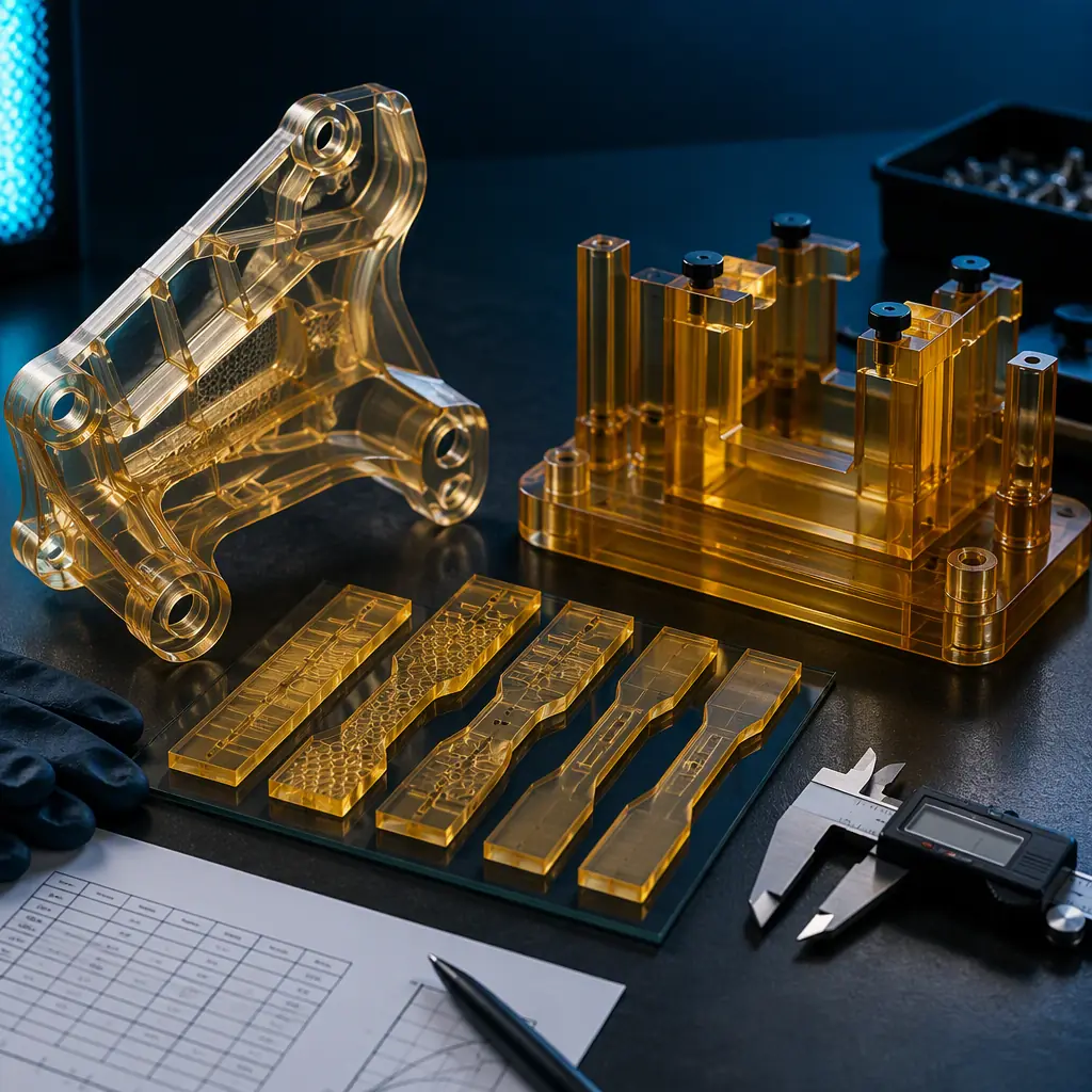 Engineering workbench with 3D printed PC functional parts — automotive bracket, tooling fixture, and impact test specimens — arranged on dark surface with calipers and data sheet, professional studio lighting