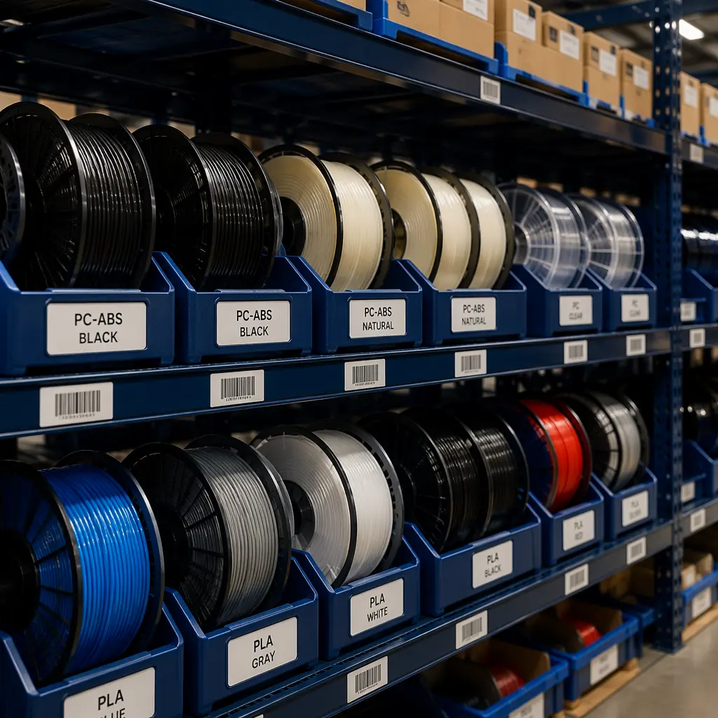 Warehouse shelf with organized polycarbonate filament spools in labeled bins, black and natural PC-ABS and pure PC visible, inventory management barcode labels on shelf edges, industrial shelving