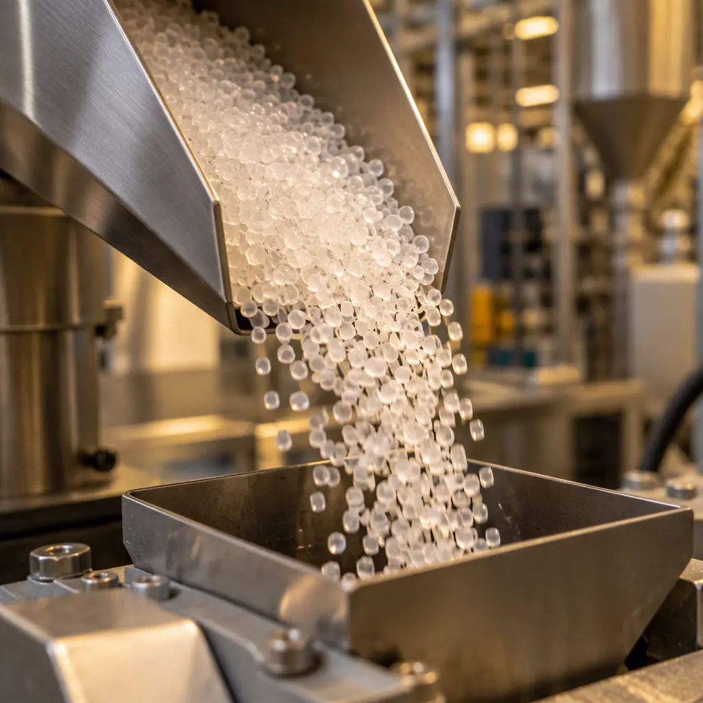 Macro photograph of translucent plastic pellets pouring from a stainless steel hopper chute into a machine feed throat with industrial background