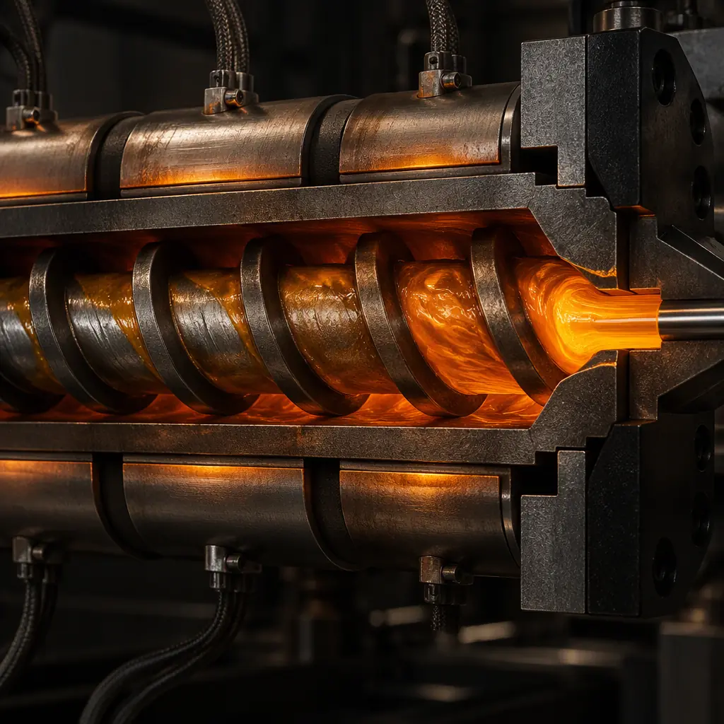 Photorealistic 3D cross-section render of a single-screw extruder barrel cut open showing helical screw flights, heating bands and melted polymer flow channel