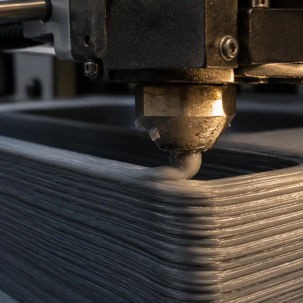 Close-up photograph of a large-format 3D printer nozzle depositing a thick bead of molten grey plastic onto a printed layer