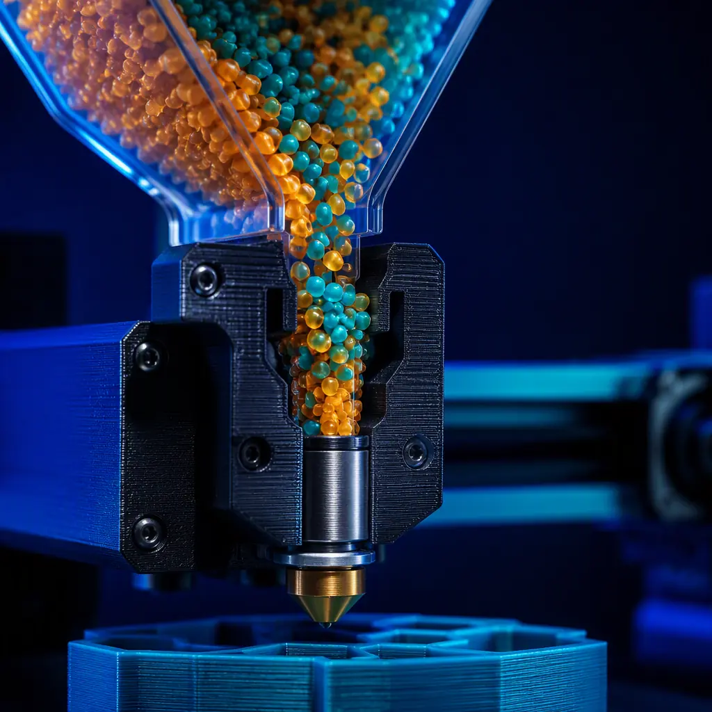 Macro close-up of plastic pellets pouring from a hopper into a 3D printer extruder throat