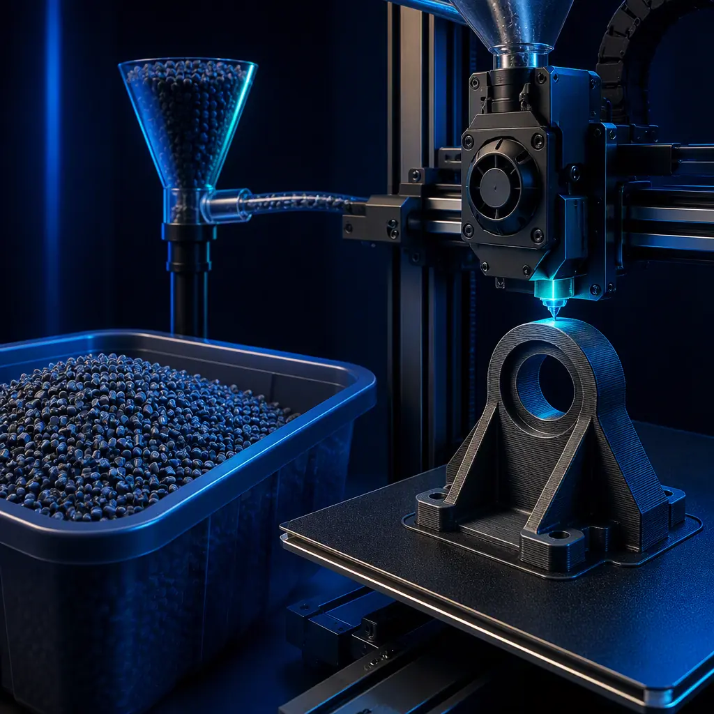 A bin of recycled regrind plastic pellets beside a 3D printer extruding a functional part