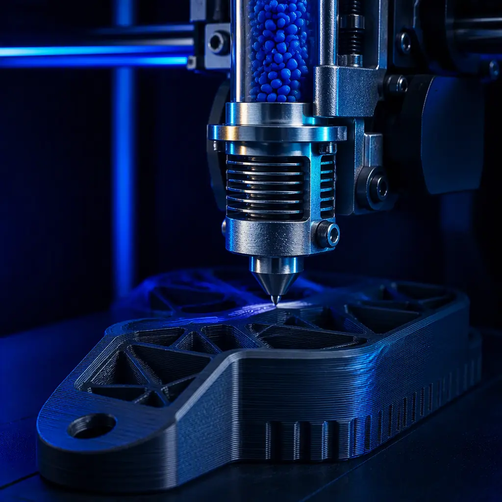 Close-up of a direct-pellet extrusion feed screw and nozzle printing a strong functional part
