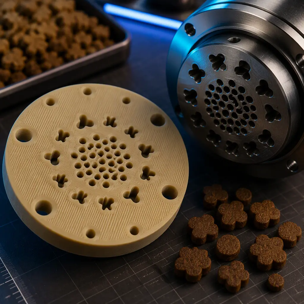 Macro close-up of a 3D printed food-grade extruder die plate with precise die holes beside a metal kibble-forming die on a dark technical workbench, kibble pieces in view, warm brown with cool electric blue accent, industrial lighting, no text