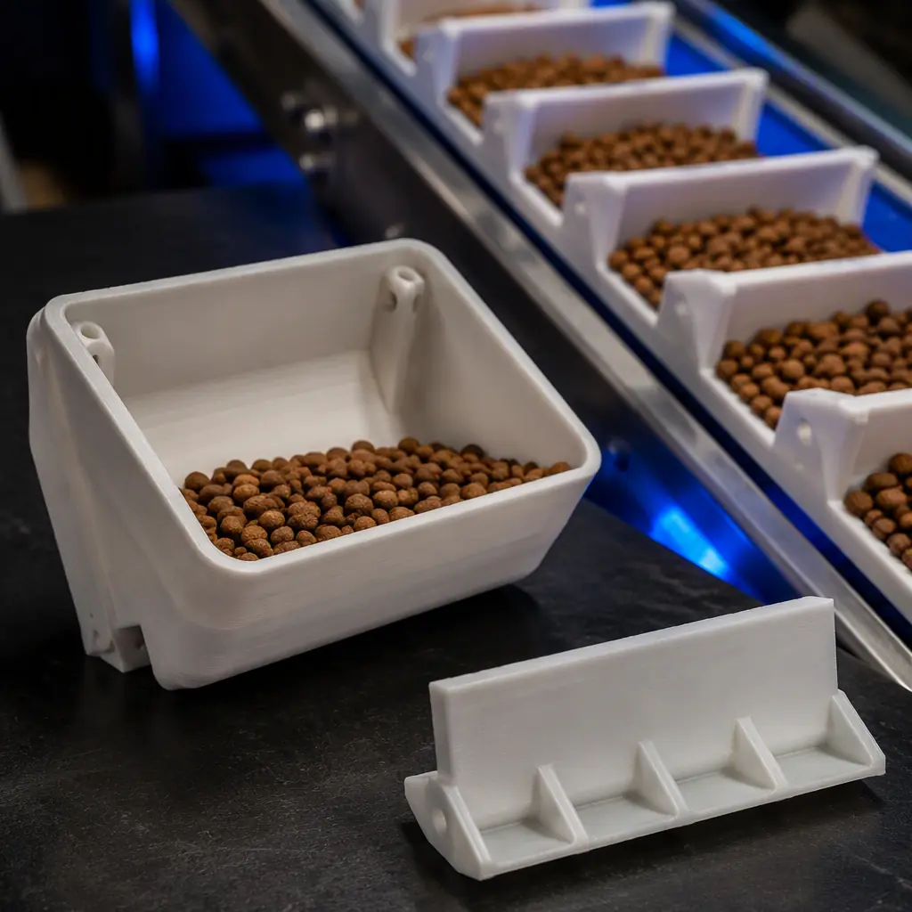 3D printed conveyor flight and bucket-elevator bucket in a pet food plant with kibble moving along a conveying line, close-up on a dark workbench, warm-brown kibble tones with cool electric blue accent, no text