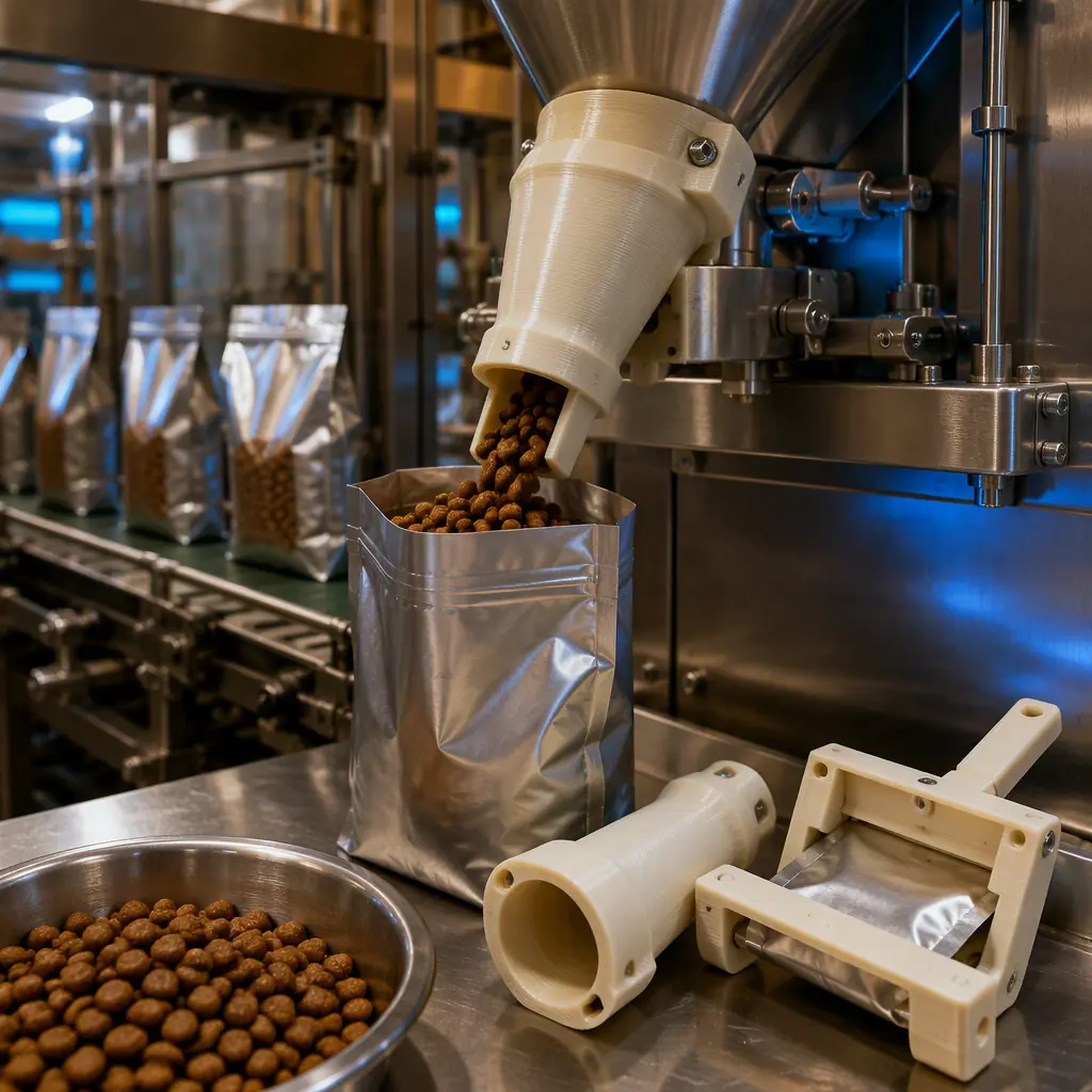 3D printed food-grade filler dosing spout and bag clamp beside a stainless pet-food bagging line, kibble and oily sheen in view, warm brown with cool electric blue accent, industrial lighting, no text