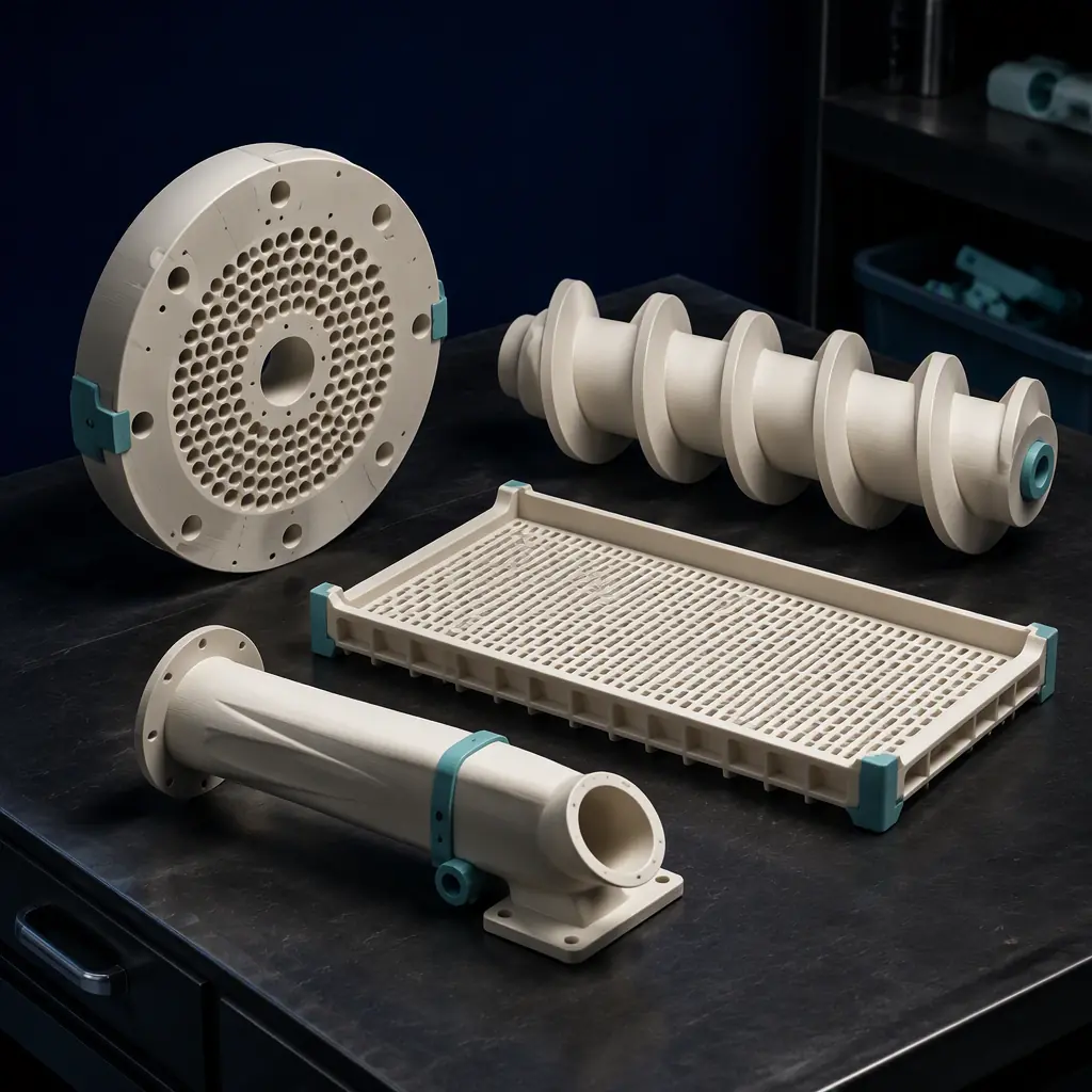 Array of 3D printed pet food plant spares on a dark maintenance bench: extruder die plate, conveyor flight, dryer tray, filler dosing spout, cast in food-grade natural polymer with a subtle teal brand-free accent, deep navy background, precision engineering lighting, no text