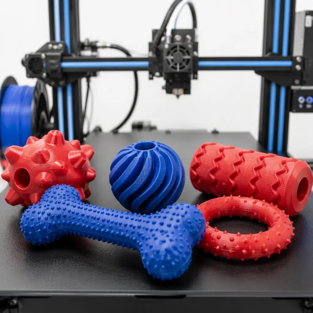 Flexible 3D printed TPU pet chew toys in red and blue on a print bed, flexible texture visible, 3D printer in background, bright clean studio lighting, photorealistic, no people, no text, no logos