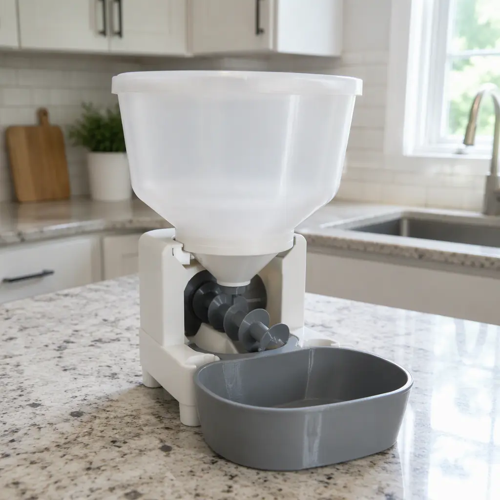 3D printed automatic pet feeder components - auger, hopper and bowl - assembled on a kitchen counter, printed parts in food-safe PETG, clean bright lighting, photorealistic, no people, no text, no logos