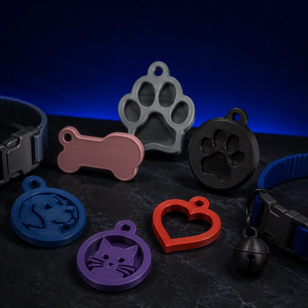 Custom 3D printed pet ID tags and collar accessories in various colors laid on a dark surface, small batch production, studio macro shot with deep navy background and electric blue accent light, photorealistic, no people, no text, no logos