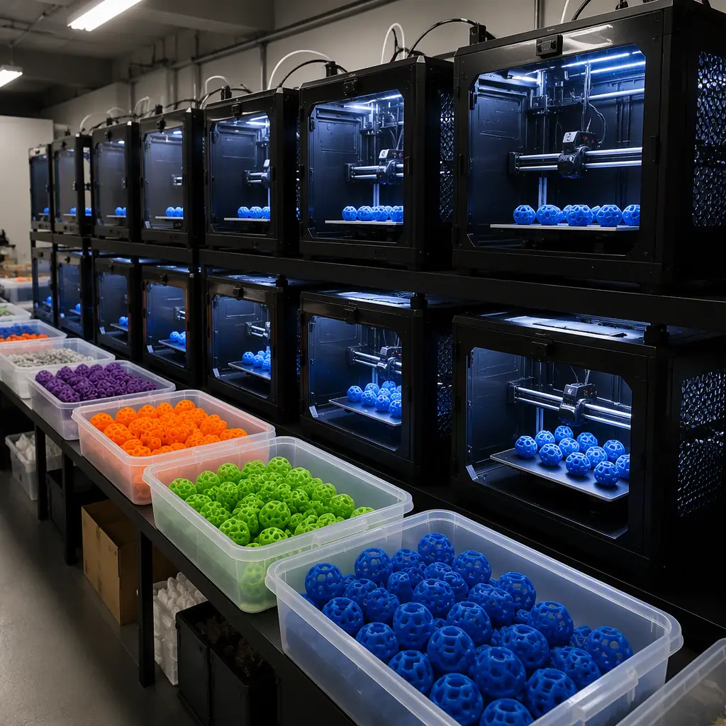 Small print farm with multiple 3D printers running identical pet toy batches, LED-lit chambers, finished parts collection bins, industrial lighting, photorealistic, no people, no text, no logos