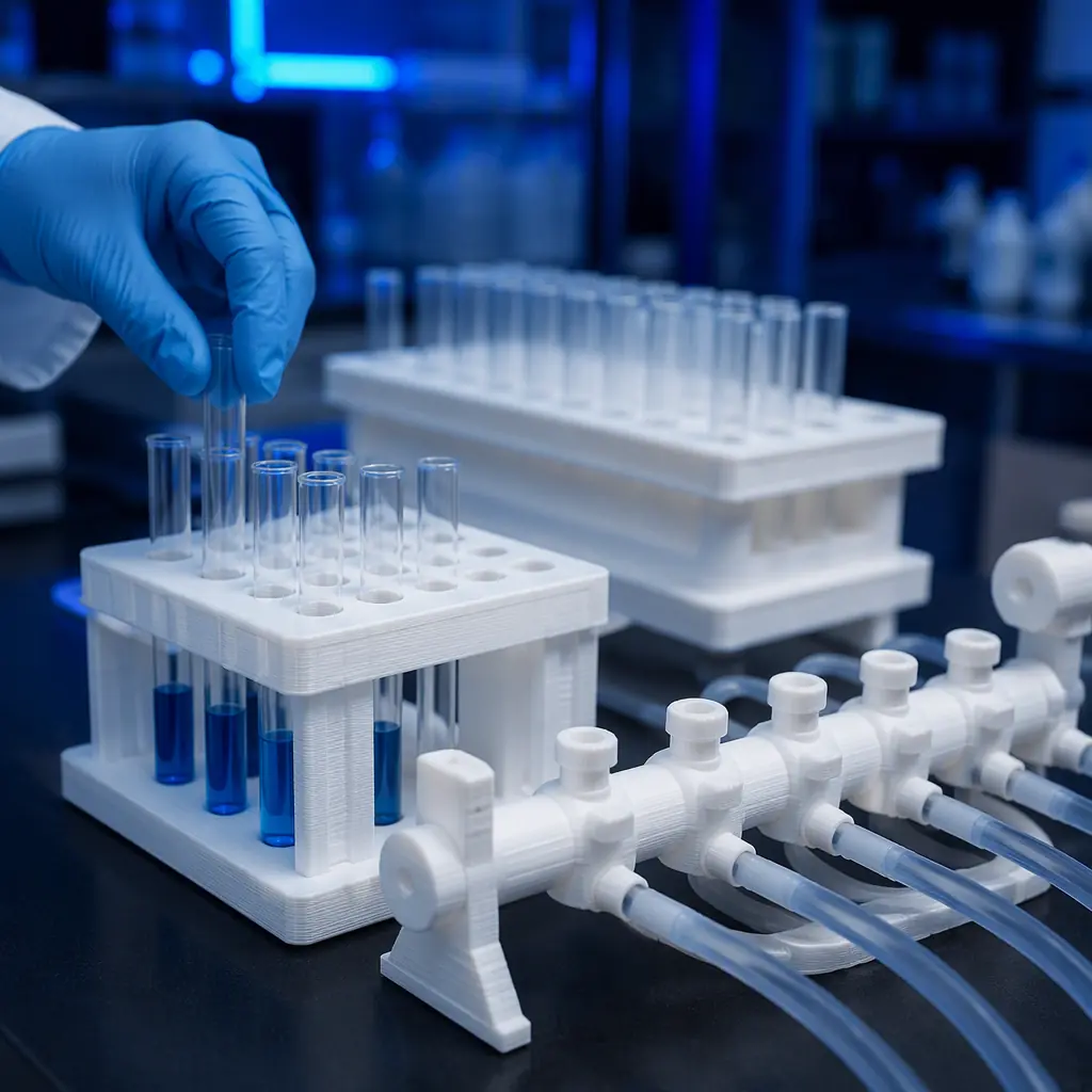 Custom 3D printed laboratory racks and manifold fittings in polypropylene arranged on a lab bench, clean bright laboratory environment