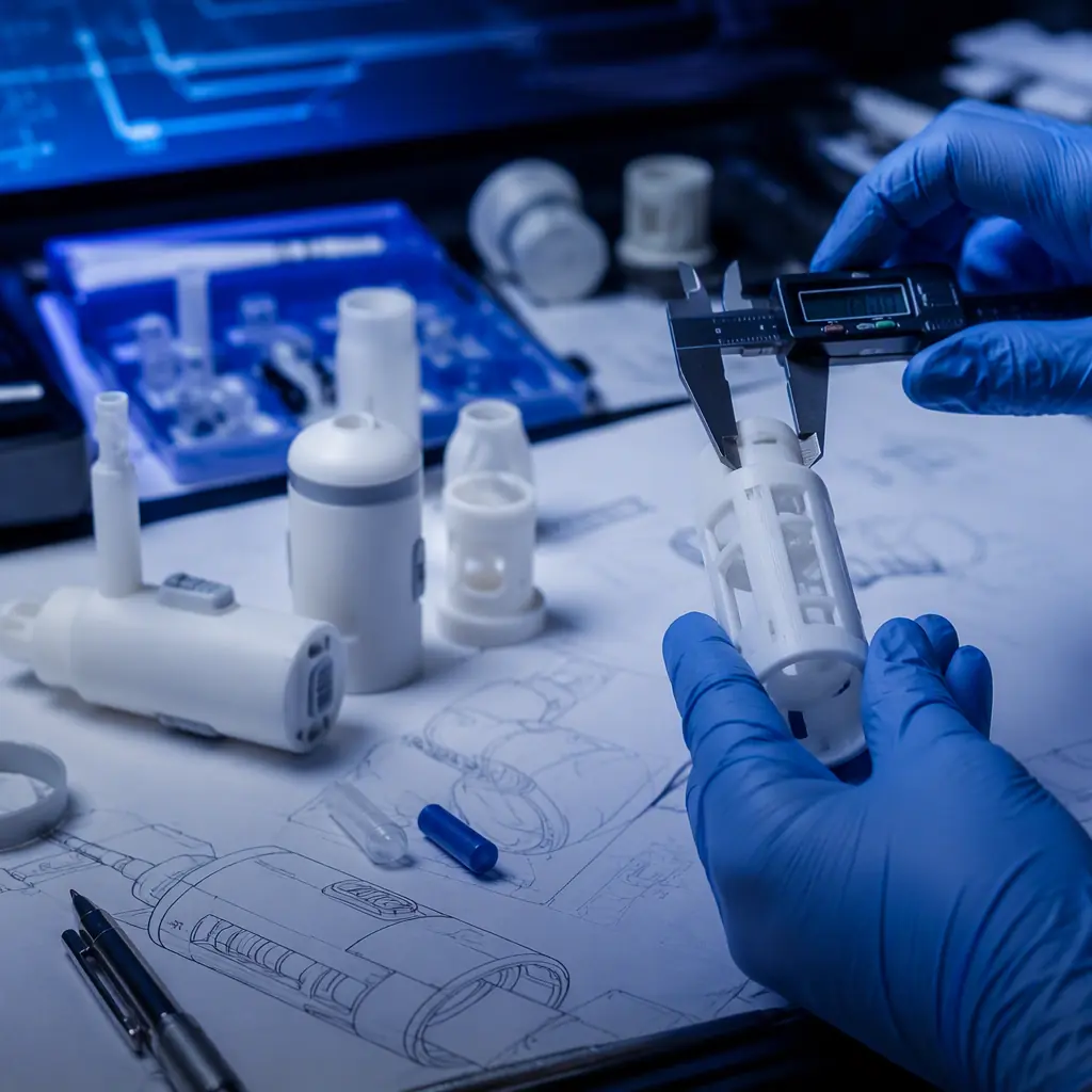 3D printed drug delivery device prototype components arranged on engineer workbench, caliper and design documents beside them, professional product development setting
