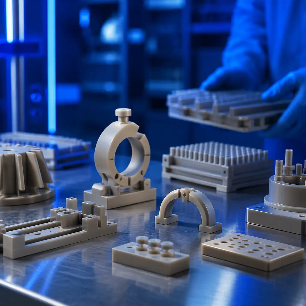PEEK and PPSU 3D printed fixtures and handling aids arranged on stainless steel GMP workbench, clean pharmaceutical manufacturing environment, blue accents