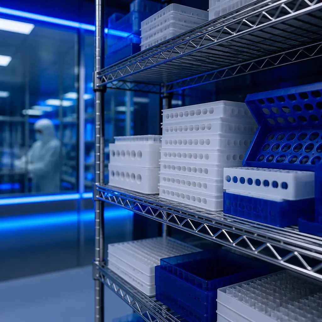 ESD-safe printed laboratory consumables and cleanroom transfer aids in white and blue polypropylene, ISO cleanroom storage shelving