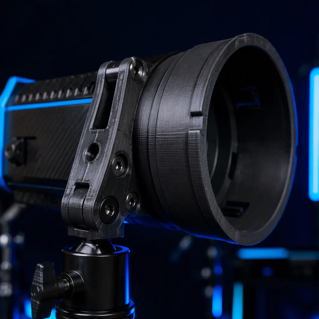 Macro close-up of a 3D printed matte black light modifier ring and PETG camera mount bracket on a studio light stand in a photography studio, photorealistic, no people, no text, no logos