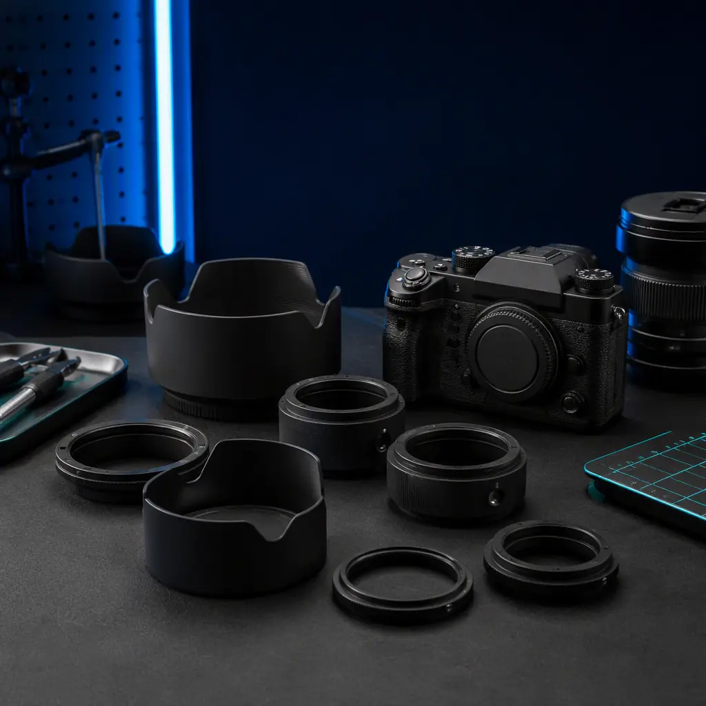 3D printed matte black lens hoods and mount adapters arranged on a studio workbench next to a camera body and lens, photorealistic, no people, no text, no logos